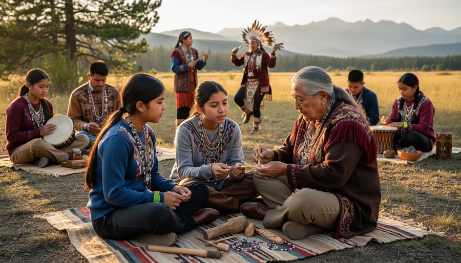 Indigenous youth learning traditional practices with elder mentor in outdoor setting