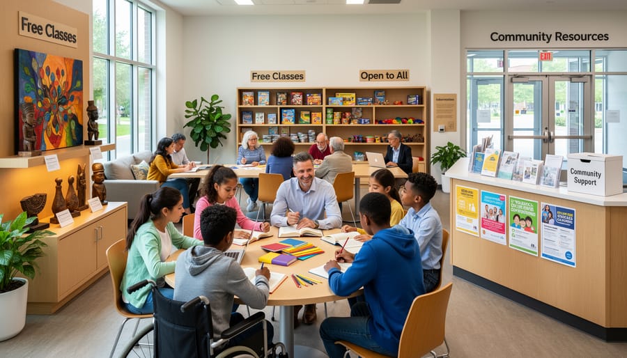Warmly lit community classroom with chairs in a circle, woven textiles, and a serving tray for shared learning and meals.