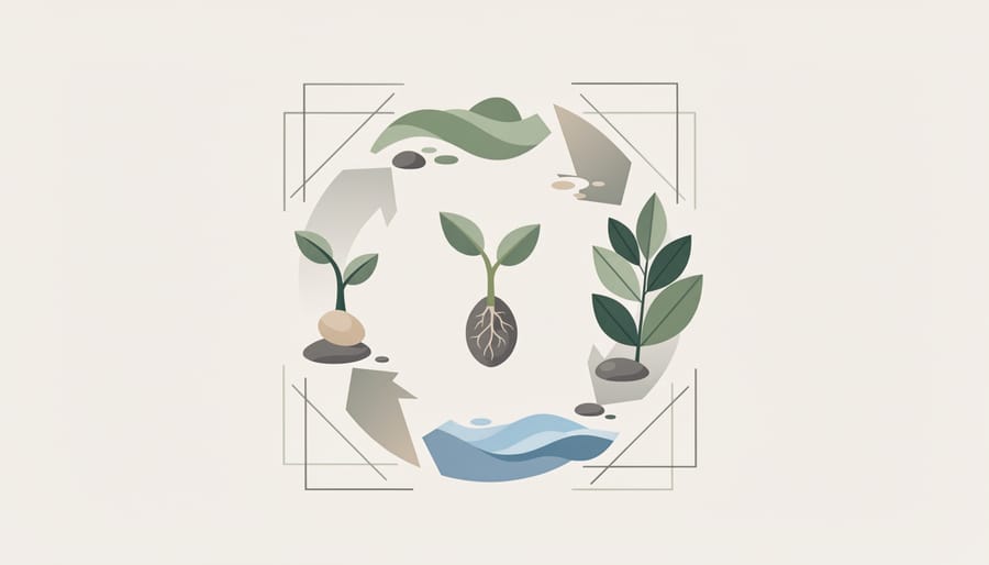 Natural stone and cedar-leaf arrangement on dark soil with a small sprout at the center, representing holistic growth.