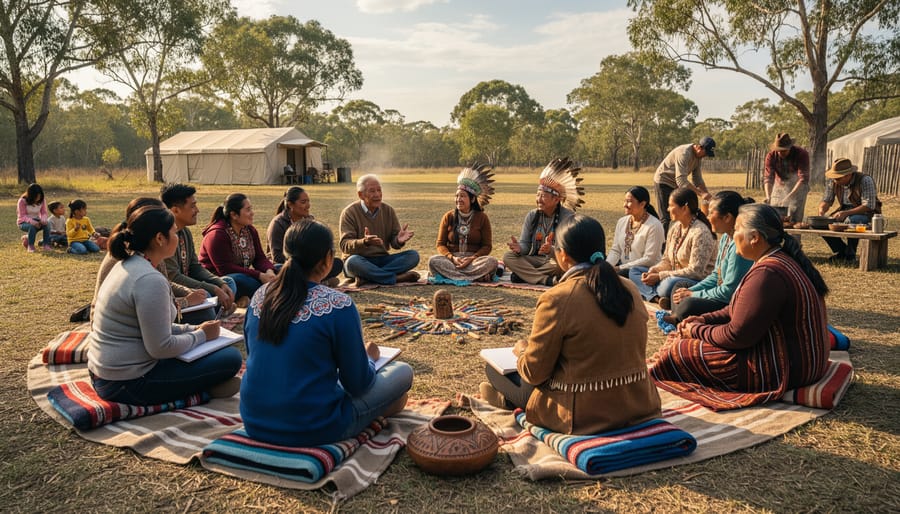 Indigenous community members gathered in a circle outdoors, emphasizing collaboration and shared responsibility.