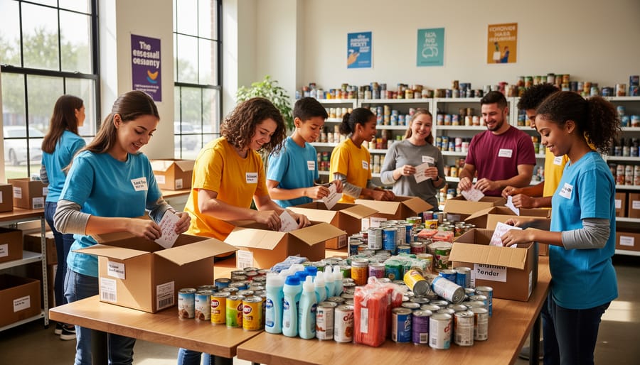Diverse youth volunteers assembling care packages in a Canadian community center