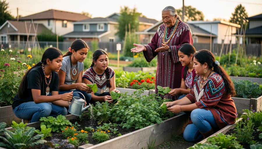 Indigenous youth holding seedlings and a woven basket at a community garden with medicine plants