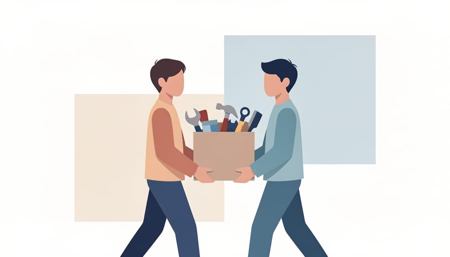 Two teens carrying shared supplies together in a school hallway