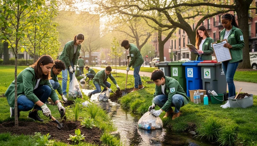 Youth planting and watering native seedlings in a community garden bed