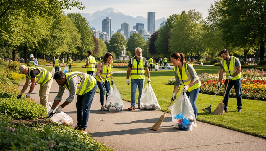 Volunteers collecting litter with gloves and trash bags in a Vancouver park near playground equipment.