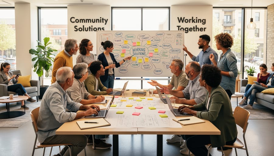 Volunteers and community leaders gather in a community center hallway while a facilitator addresses the group.