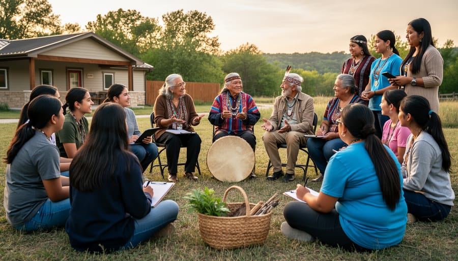 An Indigenous elder and youth sit together working with a beaded craft or educational material in a community setting.