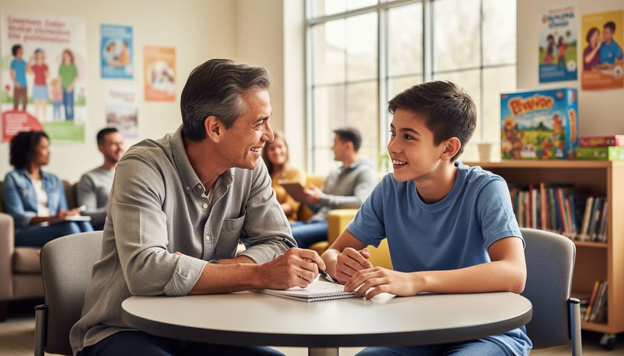 Volunteer mentor and youth sitting together and speaking at a table in a community center setting.