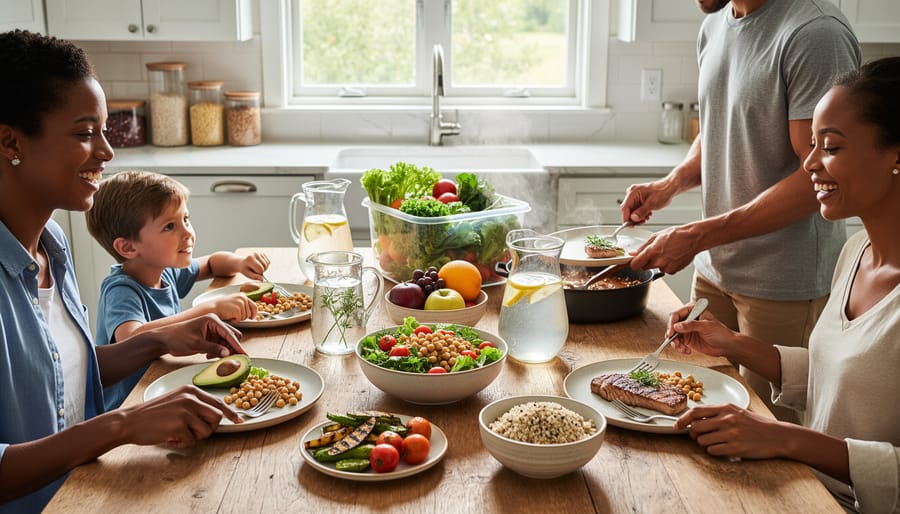 A community kitchen breakfast table set with fresh fruit and whole-grain foods in natural light.