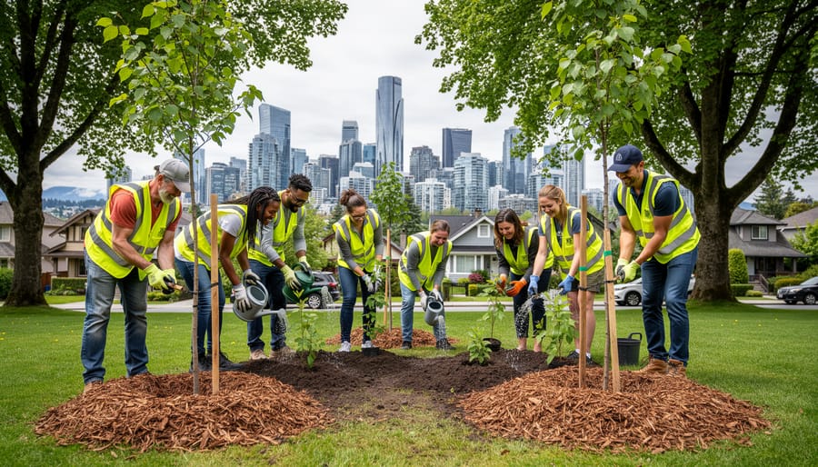 Volunteers planting a young tree in a city park during golden hour with mulch and soil around the sapling.