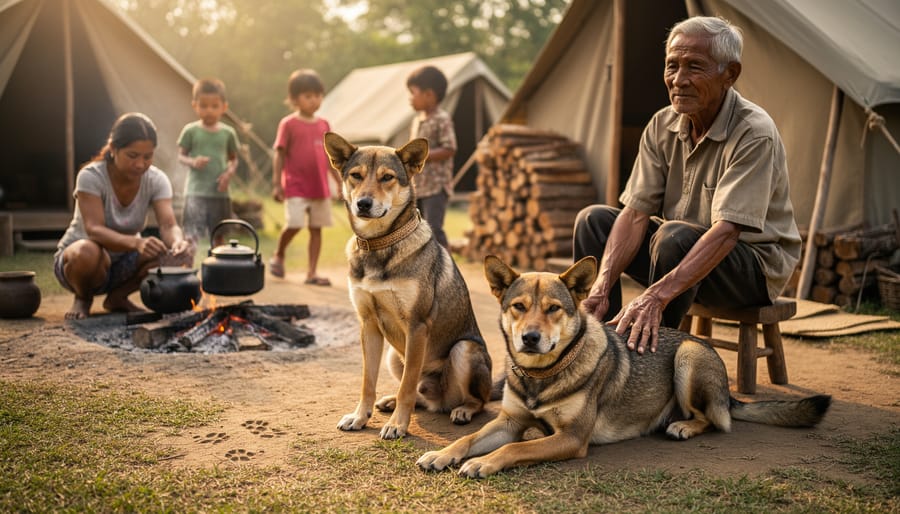 Indigenous dogs sitting beside an Indigenous elder and child in an outdoor camp setting.