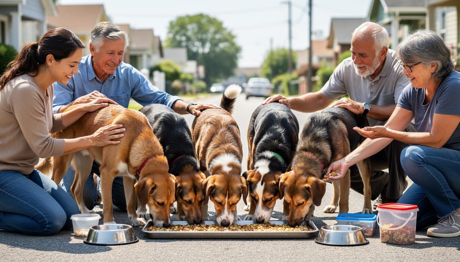 An indigenous dog attentively watching as a person offers treats from a handmade wooden bowl.