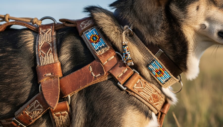 Close-up of an indigenous dog leather collar and harness resting near a fire pit on a woven blanket.